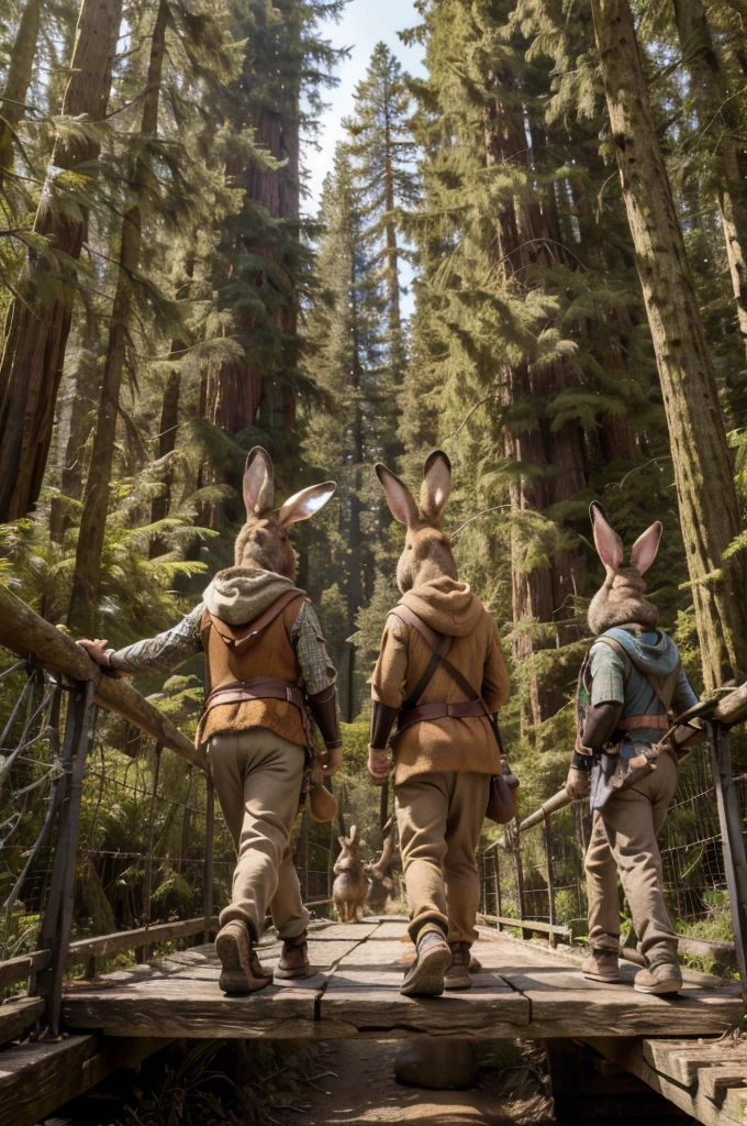 a side shot of a group of anthropomorphic rabbits dressed like robin hood walking upright single file across a bridge woven out of branches high up between 2 giant redwood trees, masterpiece, best, photo realistic