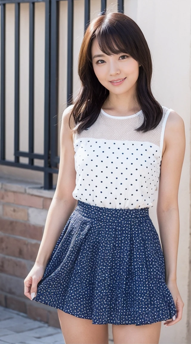 become close,Sharp lines,Highest quality, masterpiece、Overnight parking、Dark Light、Canon Photo Crystal Clear ,（Realistically:1.2）, (Colorful polka dot mini skirt dress)、Action pose、Take a full body photo、smile、Gorgeous appearance、Semi-long layer cut、ancient ruins