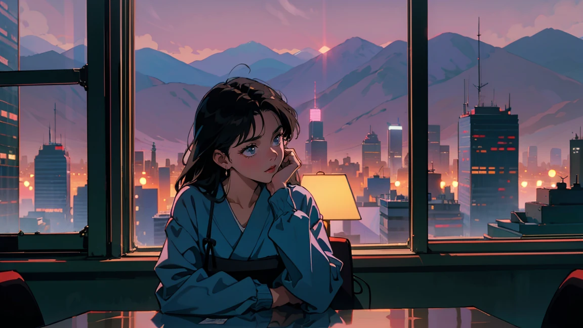 Beautiful Asian woman relaxing in the office at night, City night view from the window, Perfect Face, Looking Away, White Taylormade, Melancholy, Neon Black, (Backlight: 1.1), A scene from a movie, Hard Shadows, masterpiece, Highest quality, Complex, Model shooting style, Vintage, Film Grain, Blue tones, Wide Shot