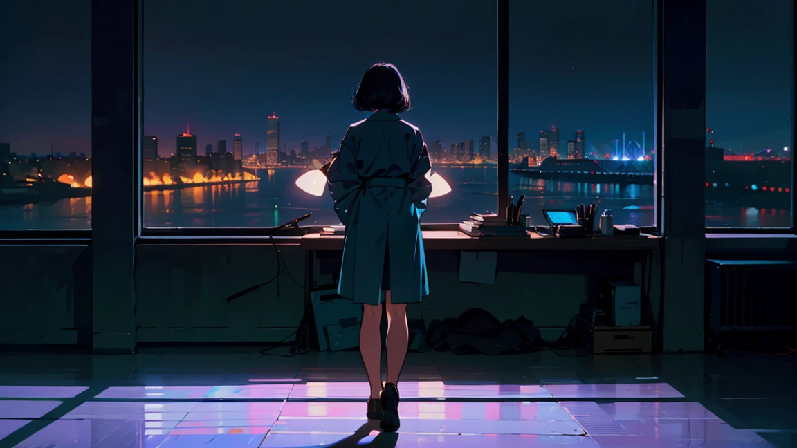 Beautiful Asian woman relaxing in the office at night, City night view from the window, Perfect Face, Looking Away, White Taylormade, Melancholy, Neon Black, (Backlight: 1.1), A scene from a movie, Hard Shadows, masterpiece, Highest quality, Complex, Model shooting style, Vintage, Film Grain, Blue tones, Wide Shot
