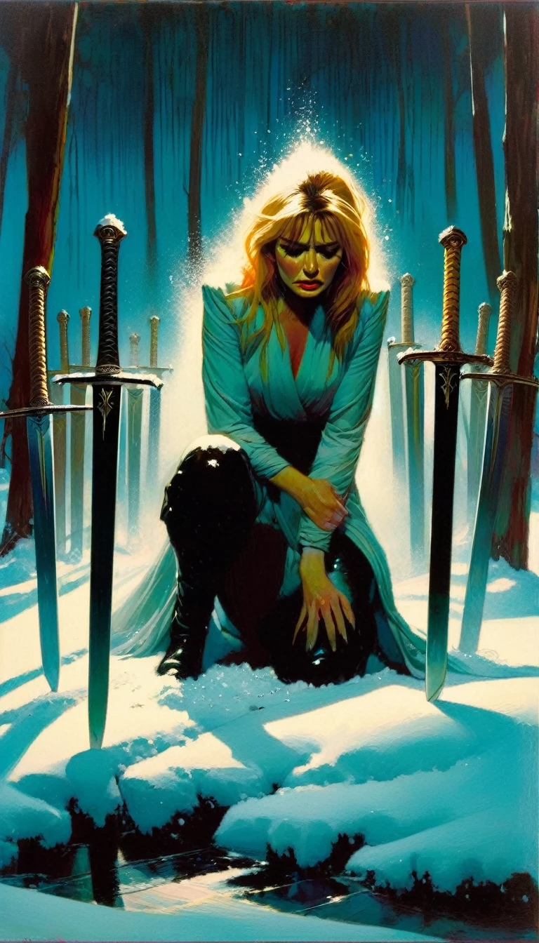 ten swords are sunk in the snow, a woman cries on her knees ,(art inspired in Bill Sienkiewicz). oil painting) 