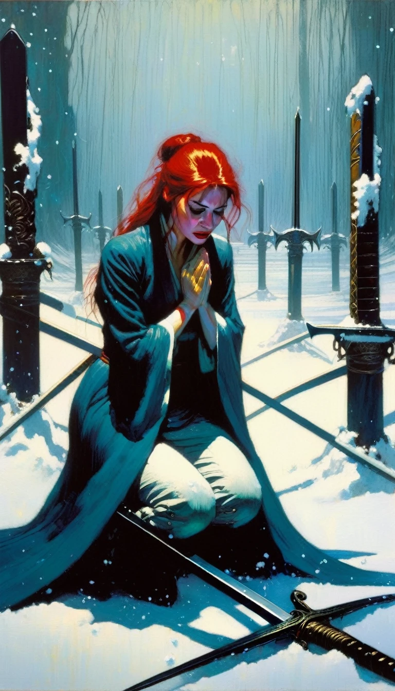 ten swords are sunk in the snow, a woman cries on her knees ,(art inspired in Bill Sienkiewicz). oil painting) 