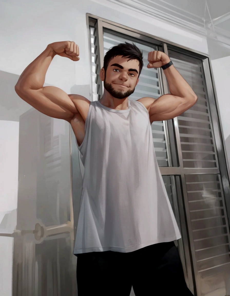 there is a man posing with his arms raised in front of a door, showing biceps, showing off his muscles, flexing large muscles, large muscles, bursting with muscles, big muscles, showing strong muscles, wearing a muscle tee shirt, huge muscles, muscles, strong young man, forte e musculoso, posing and flexing, wearing a tank top, extremamente musculoso