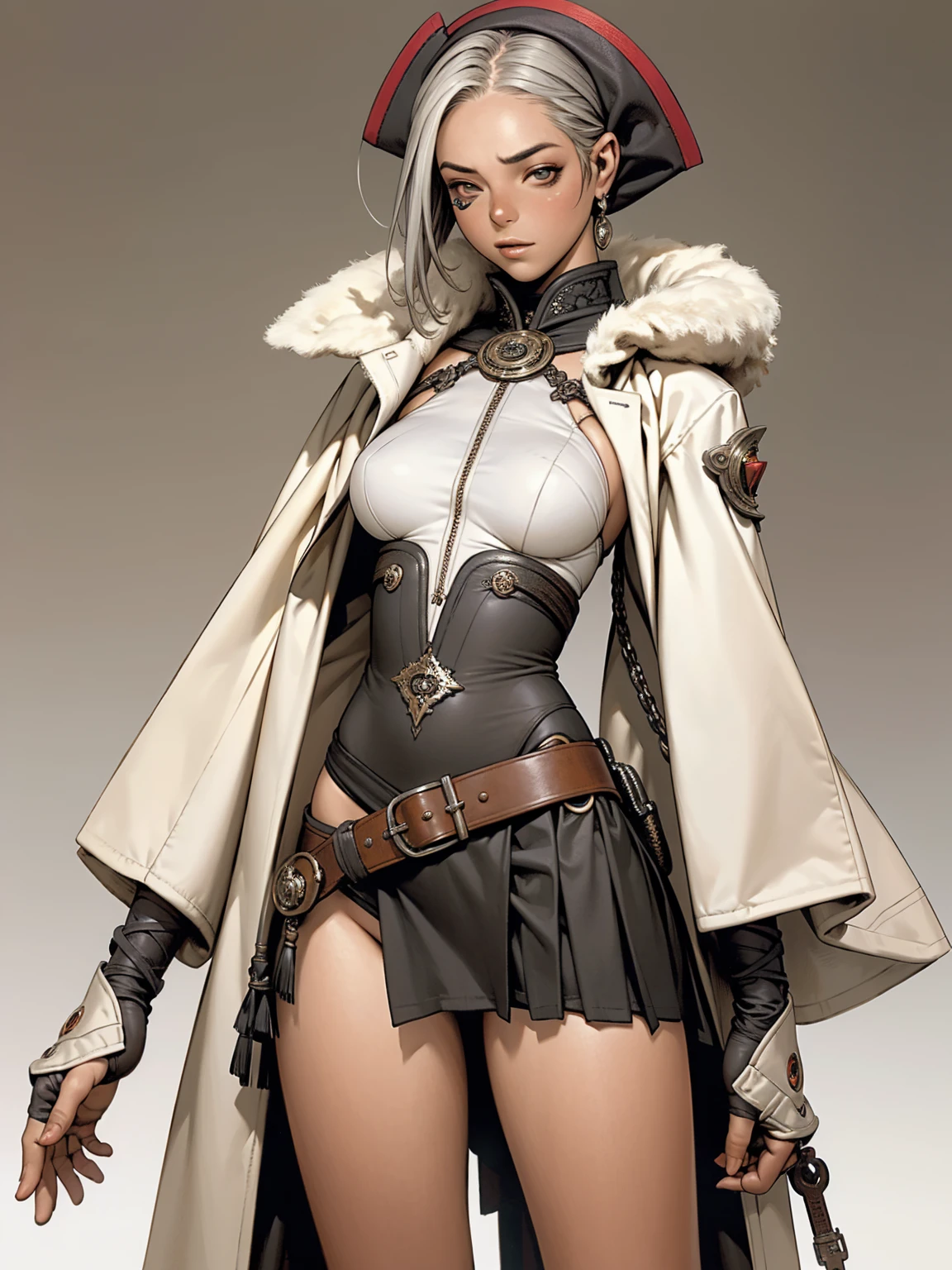 (((Annie Lennox))), (((Dark red))), (scars), (((Bandaged body))), ((hooded cloak)), (((pirate eye patch))), (((best qualityer: 1.4))), (Unbeatable masterpiece), (hiper HD),(CG 8k hyper-realistic), (((brave face))), (((breasts big))), (((hyper feminine))), sexly girl, black tattoo,（ultra short gray hair)), ((( sculptural body ))), (((1 Kizi))), Kizi tatuada de 25 anos com perfectbody,,Beautiful and well-groomed face,muscular body:1.2,solid color detailed jacket, (Head to thigh photos)， Complex equipment, green dark，long pants，Tight clothes are dark，With white stars and off-white stripes,,,,,Armor Metal Electronic Parts, Poison tattoos ) INFO, Kizi, (((standing alone))), pirralha violent, ((())), sexly, pose de atitude, work of art, post-apocalypse, (((manga style))), bounty hunter, violent, Manic, the way you want, slenderbody, thin but strong, perfectbody, roupa moderna, advanced technology, Pleated mini skirt with checkered pattern in red and black, fur collar jacket, sleeves with vertical striped pattern, neutral background, (( cowboy shot )). intricate visual