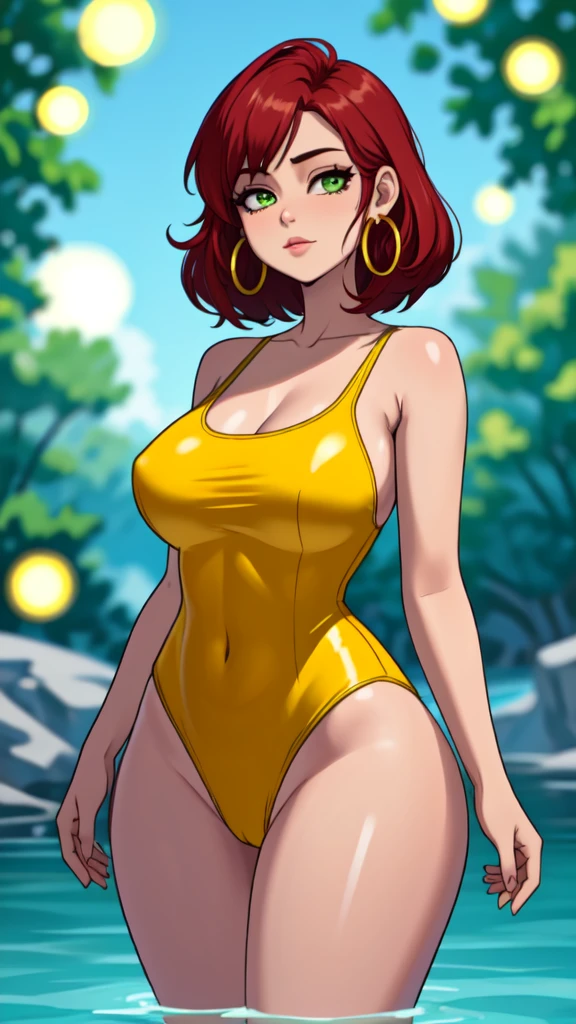 masterpiece, best quality,1girl, ((young girl)), ((large round magical green eyes)), shiny skin, (thin waist), ( curlly red hair), ((curvy)), ((wide hips)), ((hoop earrings)), ((very small boobs)) , ((( yellow full Swimsuit))), hot, soft natural lighting, reflections, bright illuminations, big ass