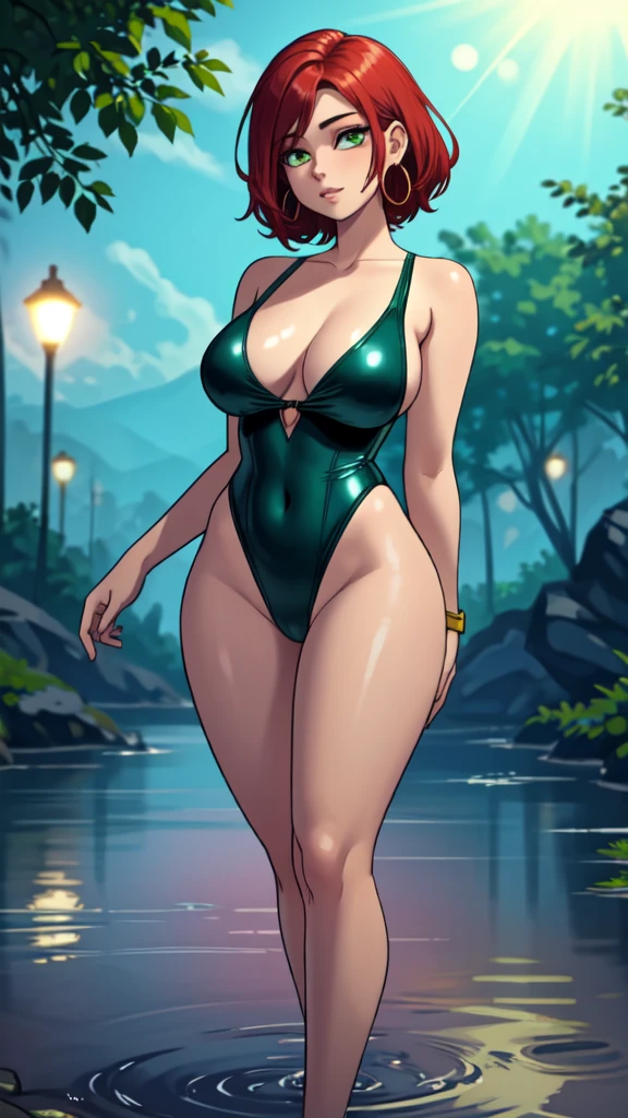masterpiece, best quality,1girl, ((young girl)), ((large round magical green eyes)), shiny skin, (thin waist), ( curlly red hair), ((curvy)), ((wide hips)), ((hoop earrings)), ((very small boobs)) , ((( yellow full Swimsuit))), hot, soft natural lighting, reflections, bright illuminations, big ass