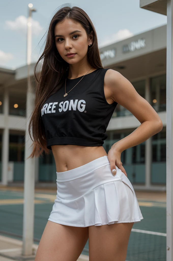 1girl in, 30 years old, Square face, Long hair, Looking at viewer, jewelry, Reality, Sexy, Short skirt outfit, , sports background, free pose