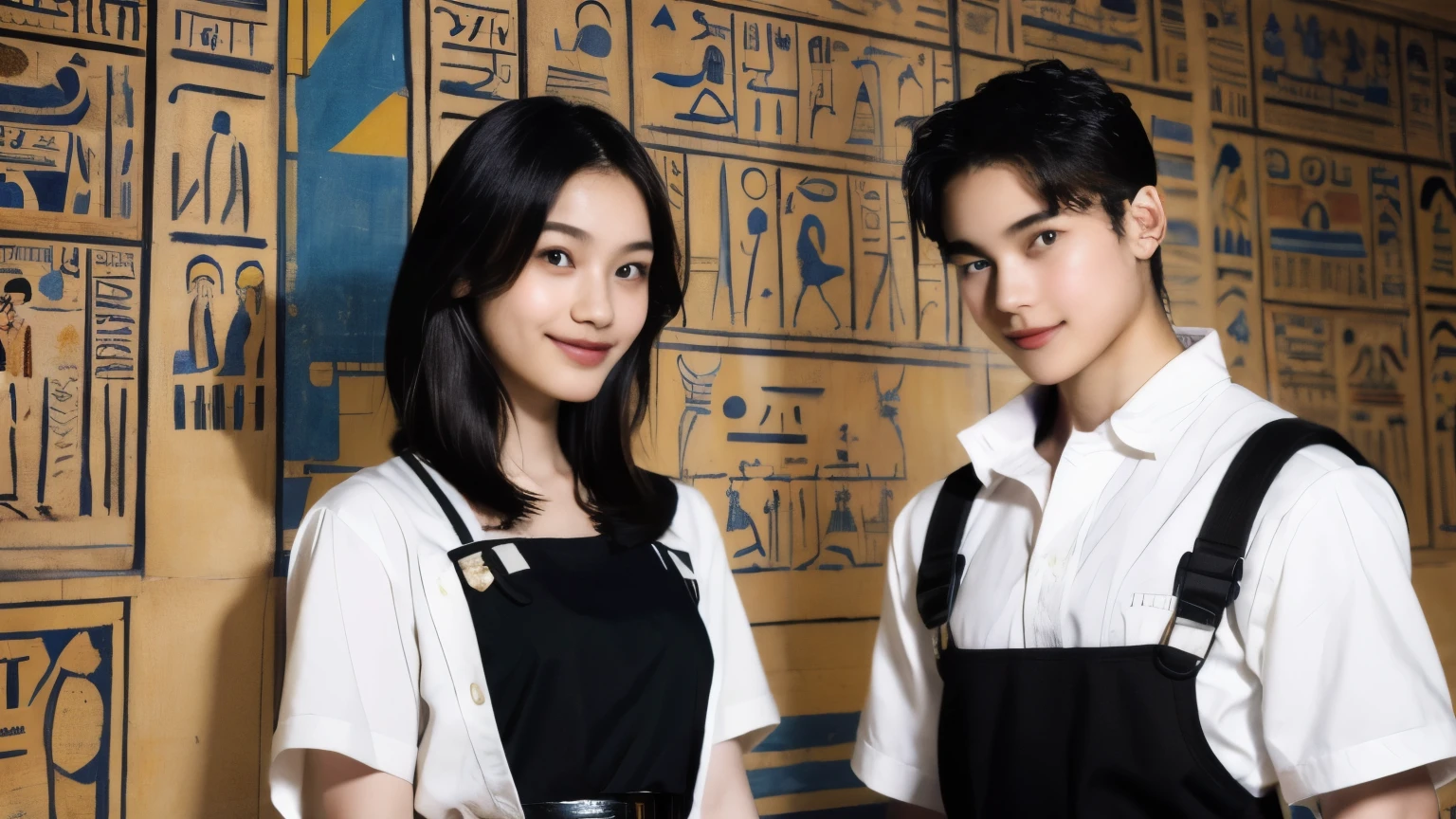 246 (In the mural２people々々々々々々々々々々々々々々), (An 18-year-old female and an 18-year-old male), short hair,kind, lipstick, Egyptian civilization, Waist belt, Hieroglyphics, smile