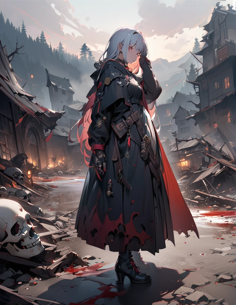 quality(8k wallpaper of extremely detailed CG unit, masterpiece, hight resolution, top-quality, top-quality real texture skin,hyper realisitic, digitial painting,increase the resolution,RAW photos,best qualtiy,highly detailed,the wallpaper),BREAK,8K, Girl standing in dark, dirty black dress, long white hair covers her face, mist, broken trees and messed landscape, skulls, skeletons, rats, horror scene, blood