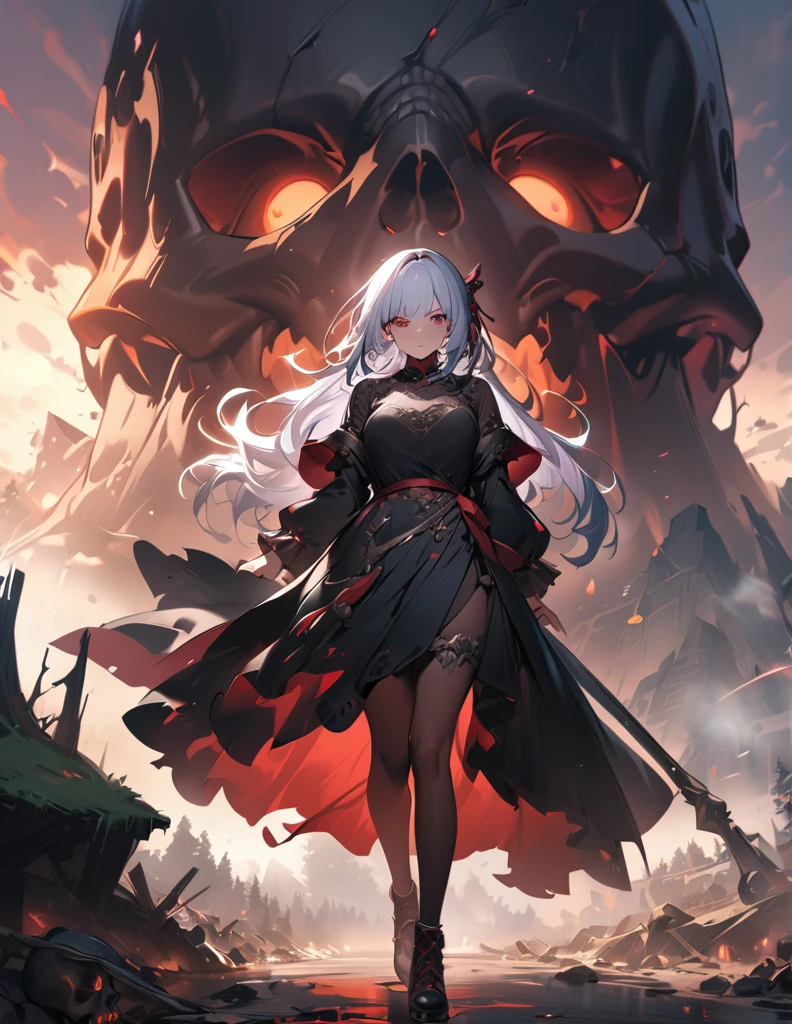 quality(8k wallpaper of extremely detailed CG unit, ​masterpiece, hight resolution, top-quality, top-quality real texture skin,hyper realisitic, digitial painting,increase the resolution,RAW photos，best qualtiy,highly detailed,the wallpaper),BREAK,8K, Girl standing in dark, dirty black dress, long white hair covers her face, mist, broken trees and messed landscape, skulls, skeletons, rats, horror scene, blood 