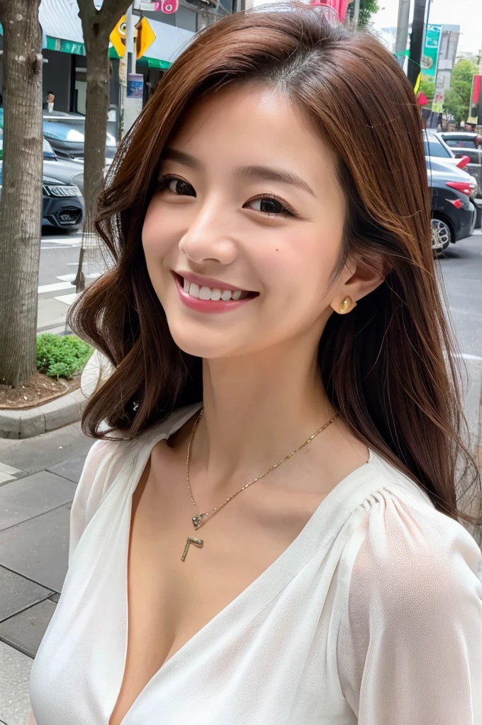 ((Highest quality)), ((masterpiece)), (detailed), Japanese,Beauty,Street Corner,OL,blouse,smile,Cleavage