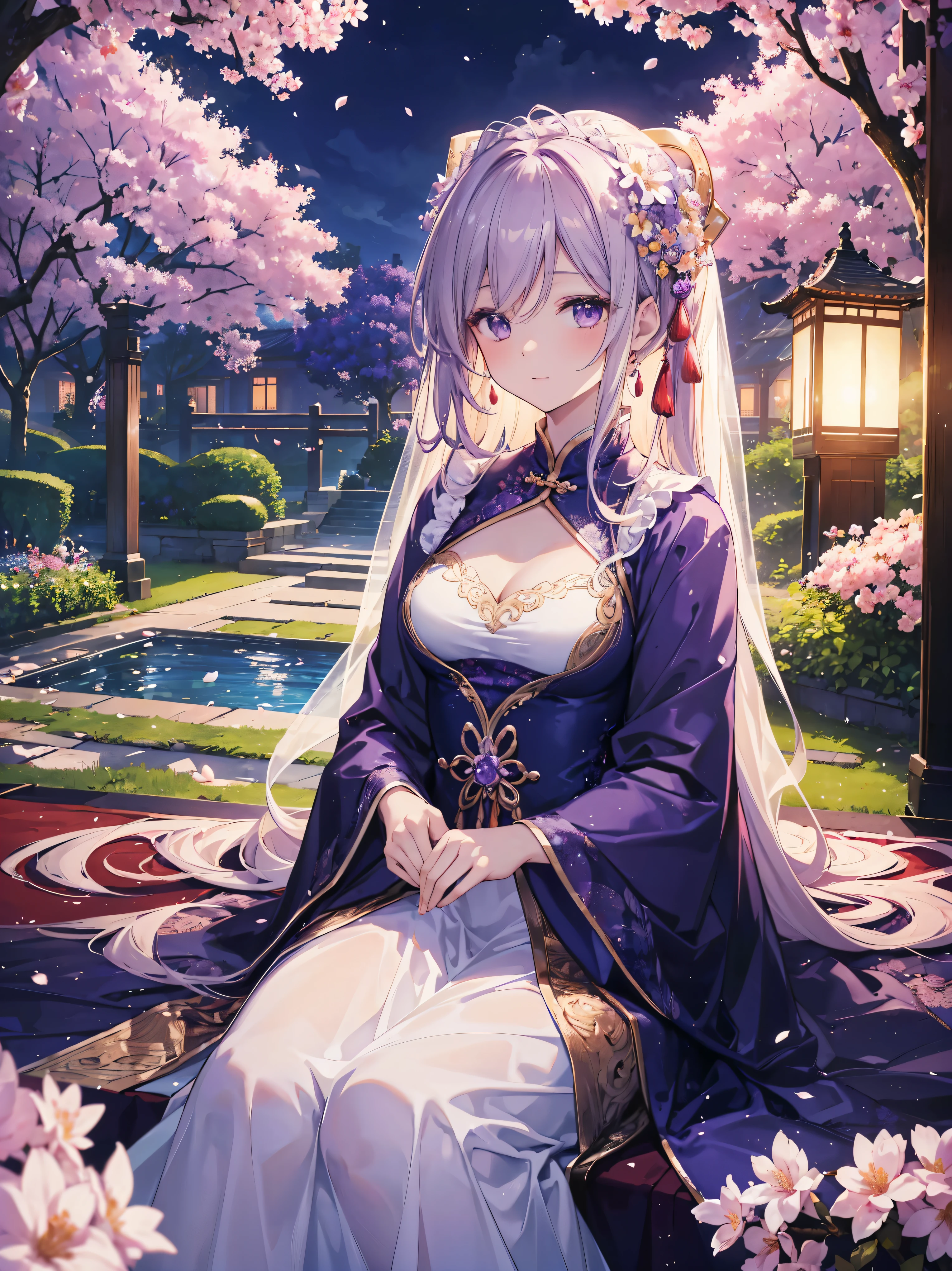 (Best quality at best,A high resolution,The image is clear:1.2),Ultra detailed backgrounds,Beutiful women,The stands up,purple dress,Chinese-style clothes,Delicate petals,Garden scene,under moonlight,Romantic atmosphere,Dutch Angle Shot,gentlesoftlighting,shelmet