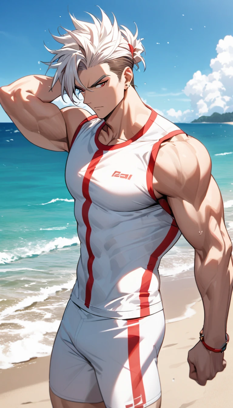 A muscular man wearing red and white fitness clothing,Cool hairstyle,Beach,