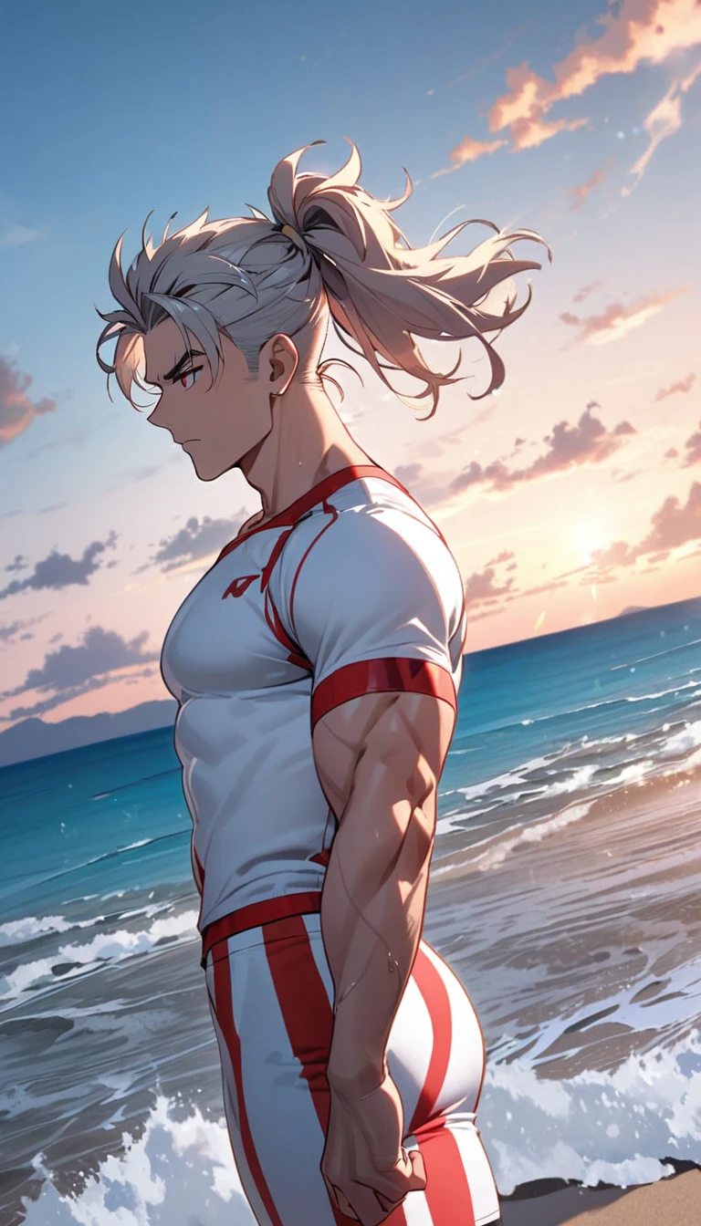 A muscular man wearing red and white fitness clothing,Cool hairstyle,Beach,