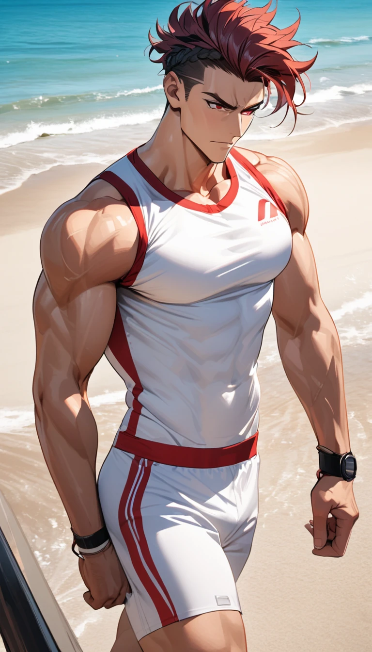 A muscular man wearing red and white fitness clothing，Cool hairstyle，Beach，