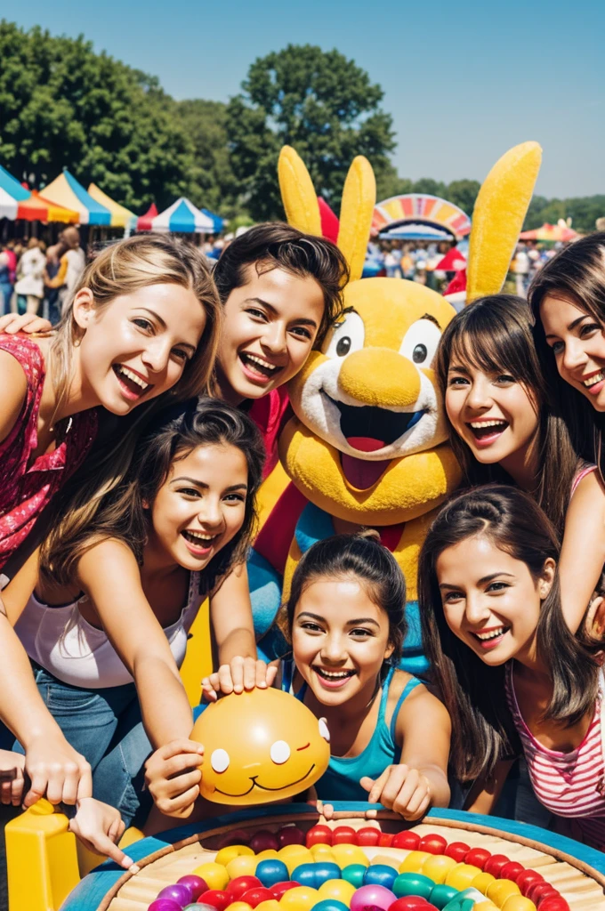 Create a group of happy friends at a fair