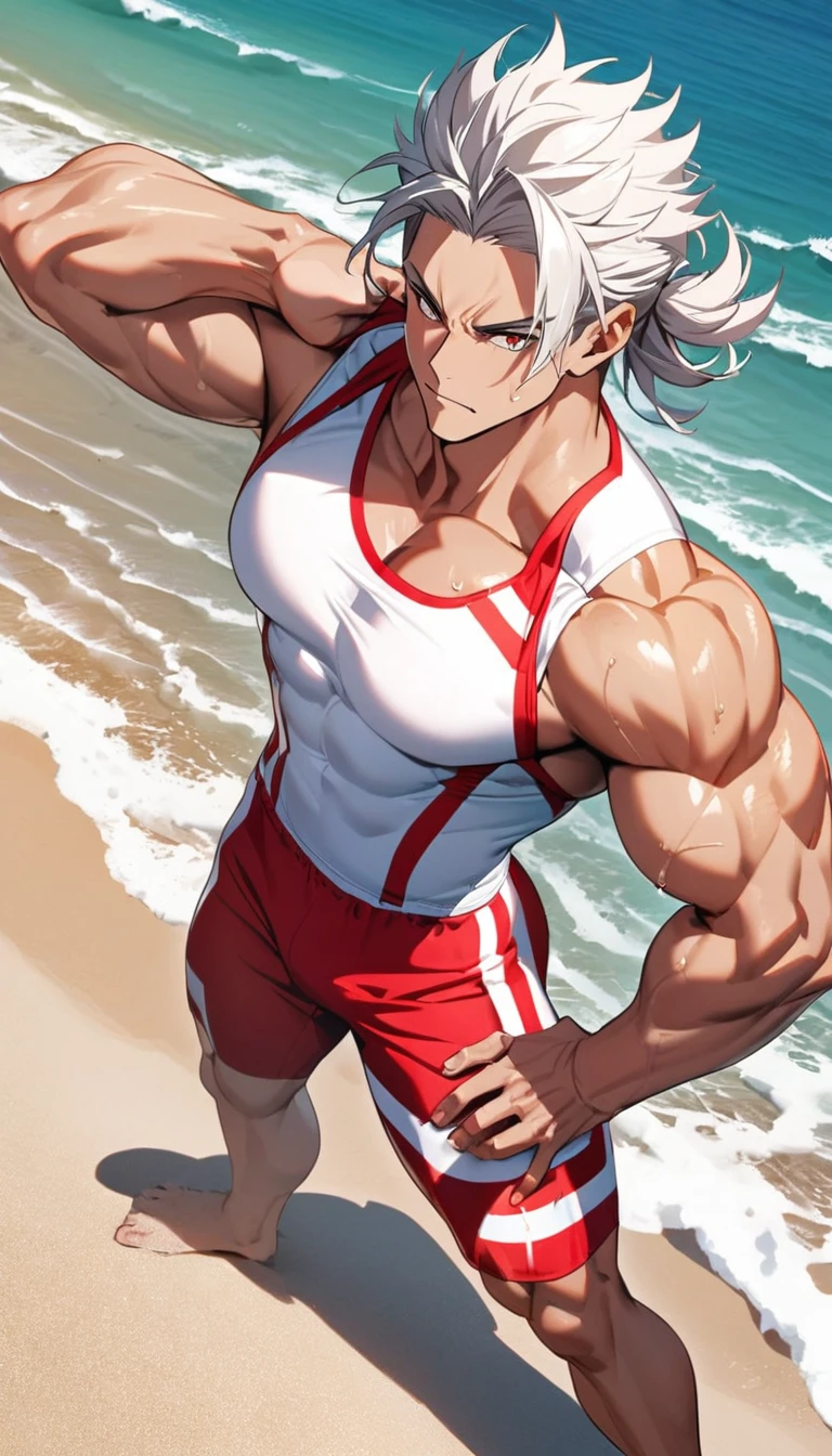 A muscular man wearing red and white fitness clothing，Cool hairstyle，Beach，
