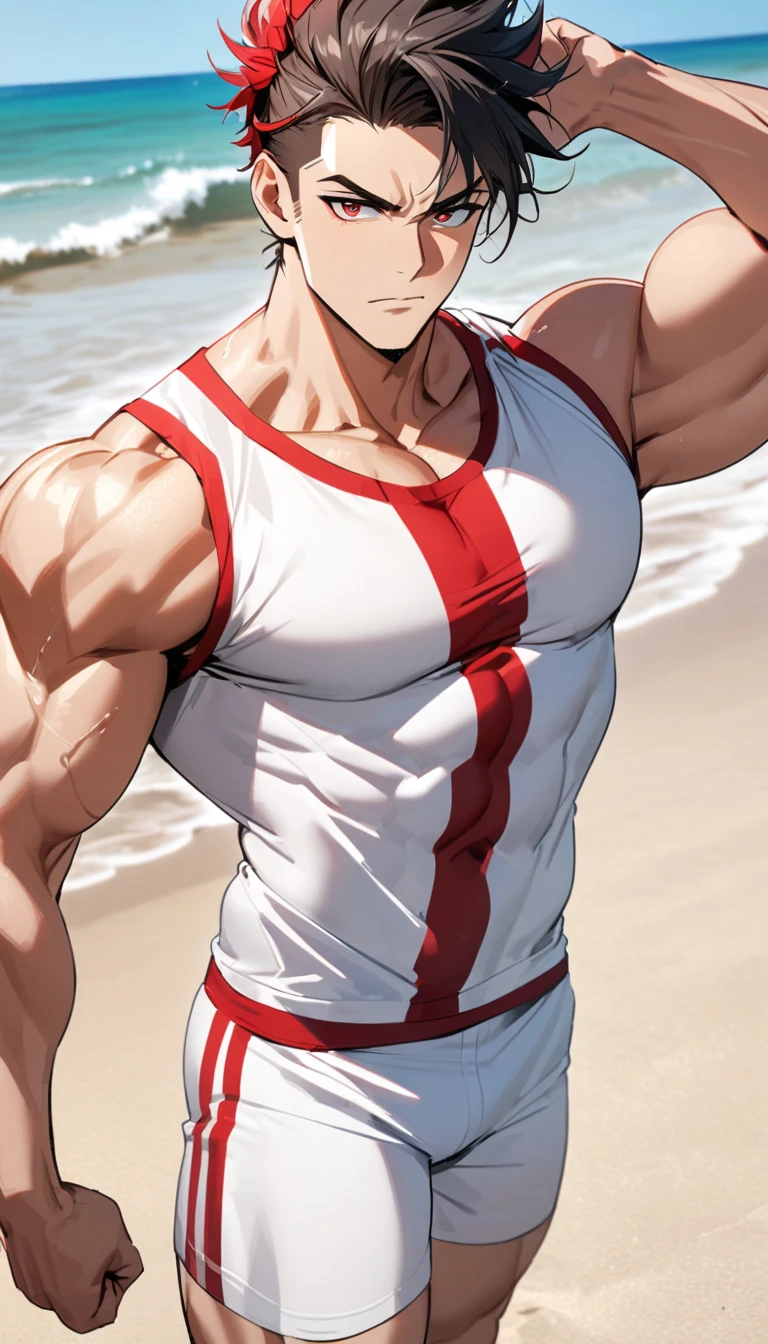 A muscular man wearing red and white fitness clothing，Cool hairstyle，Beach，