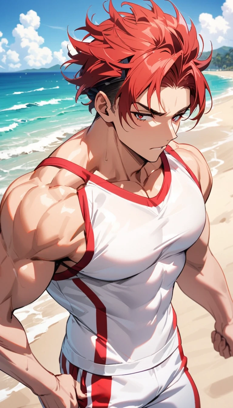 A muscular man wearing red and white fitness clothing,Cool hairstyle,Beach,
