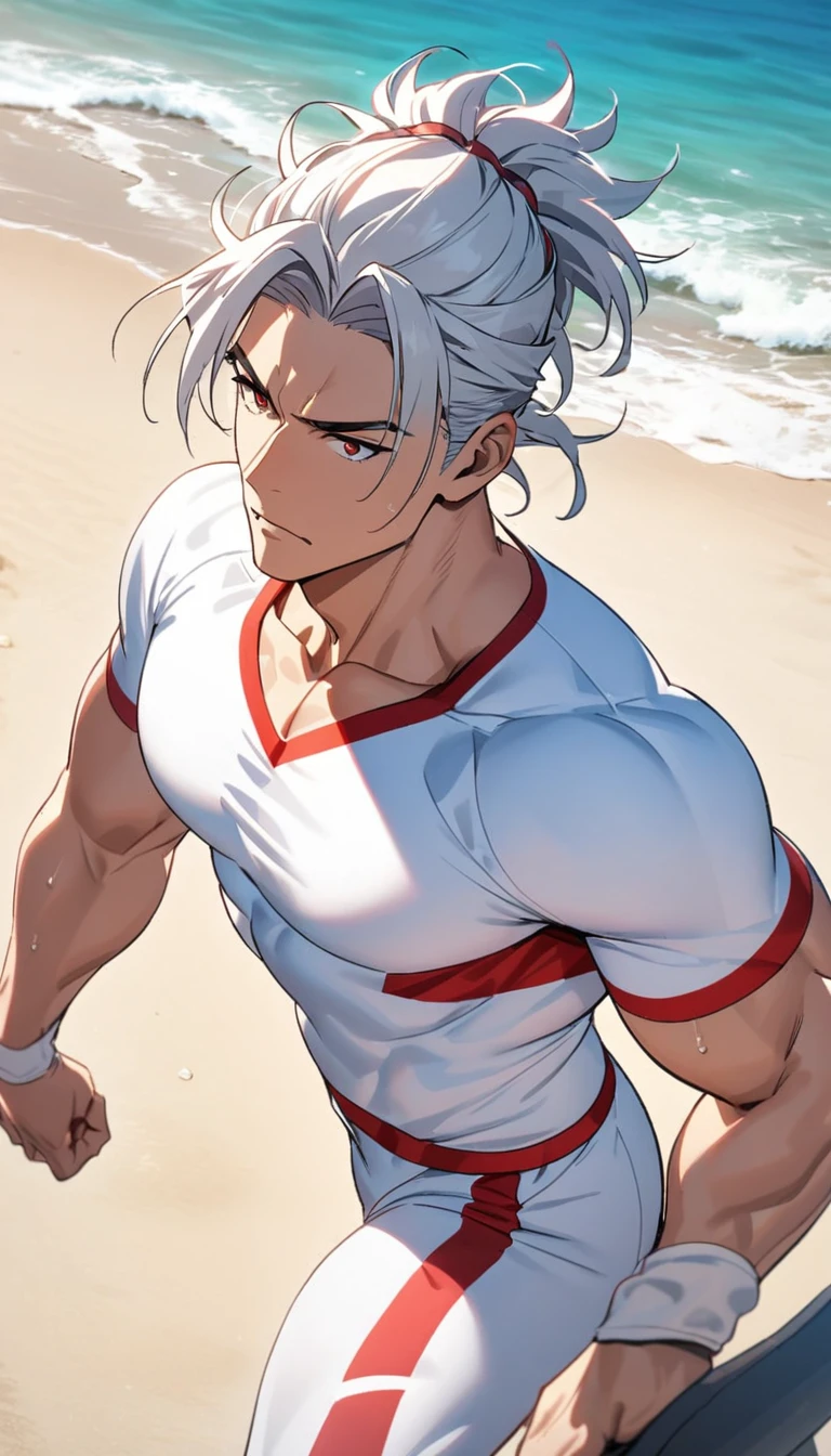 A muscular man wearing red and white fitness clothing，Cool hairstyle，Beach，