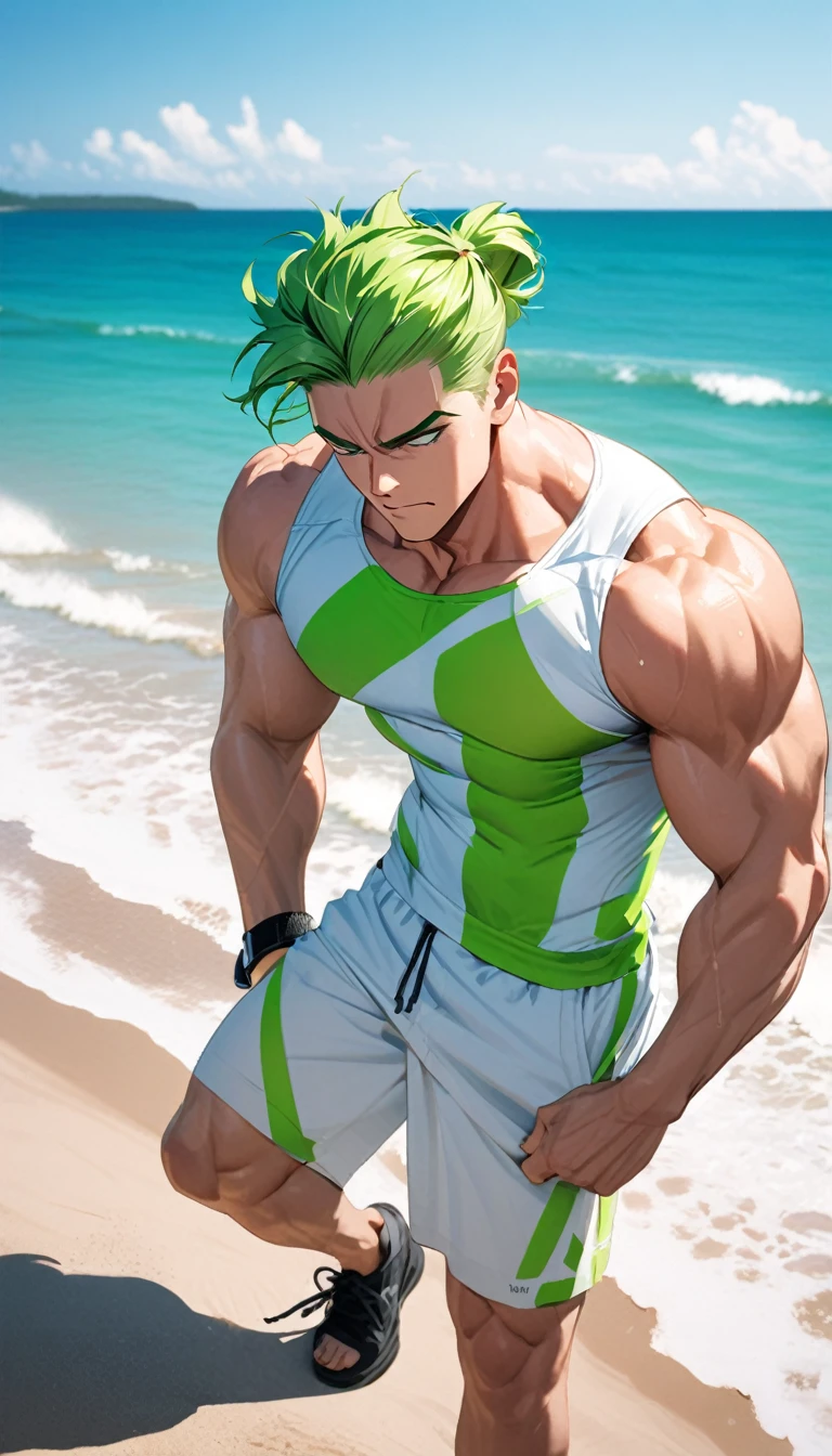A muscular man wearing green and white fitness clothing，Cool hairstyle，Beach，