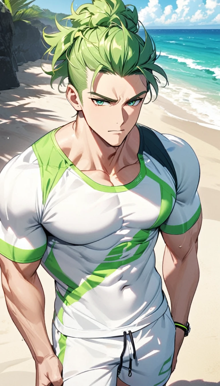 A muscular man wearing green and white fitness clothing,Cool hairstyle,Beach,