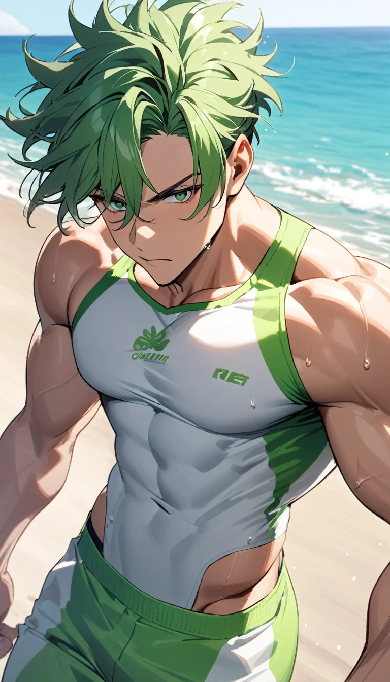 A muscular man wearing green and white fitness clothing，Cool hairstyle，Beach，