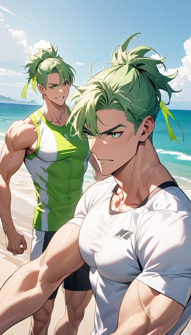 A muscular man wearing green and white fitness clothing，Cool hairstyle，Beach，