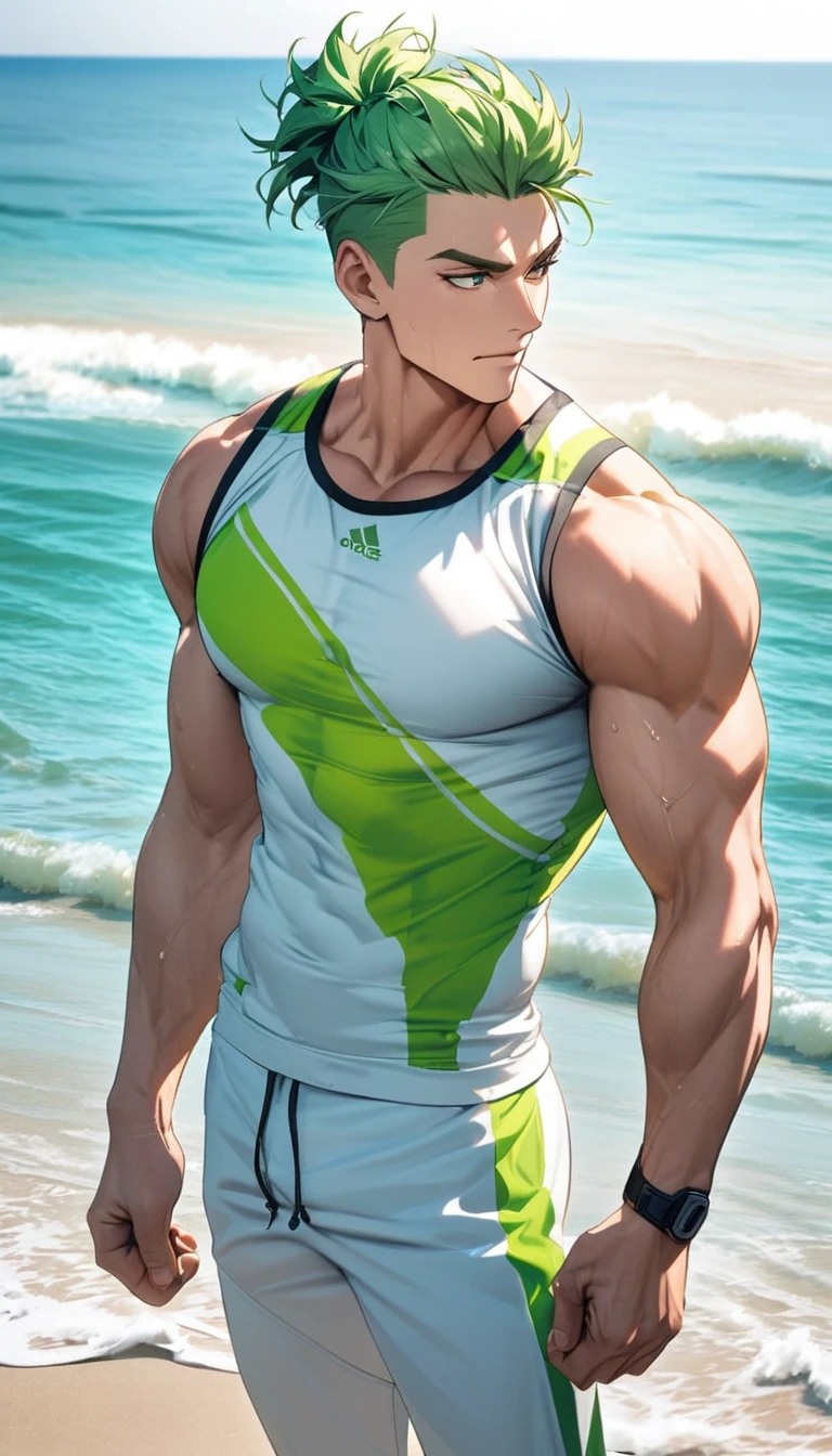 A muscular man wearing green and white fitness clothing，Cool hairstyle，Beach，