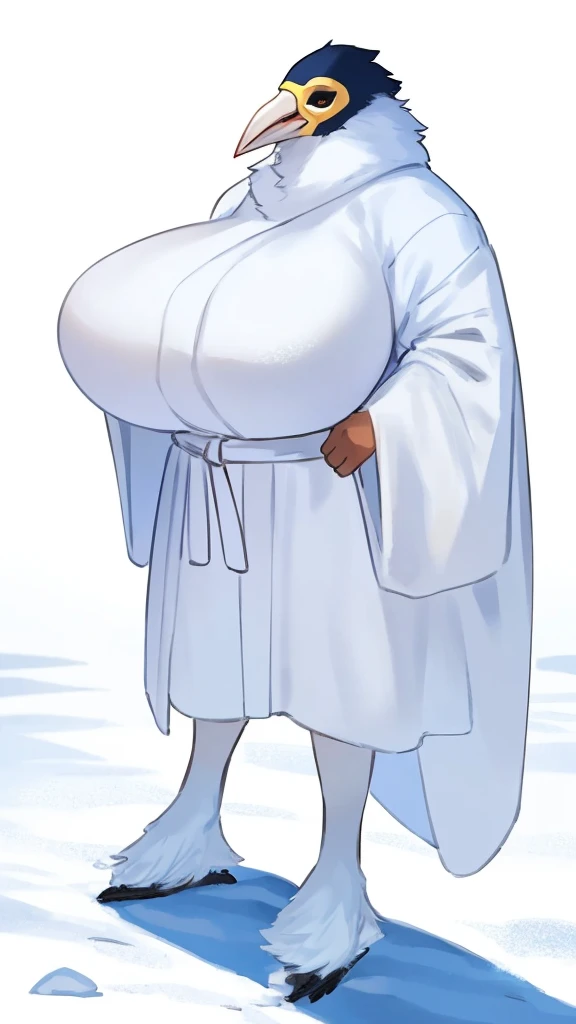 By bebebebebe, by lostgoose, by goonie-san, thin 20 foot tall humanoid creature, ((long white flowing yeti robe, bird stork mask, long white beak, long flowing plumage)), standing on a snowy plateau, on a snow-covered a siberian mountain, arctic, cryptozoology, overcast, moody, horror,big booty, big breast