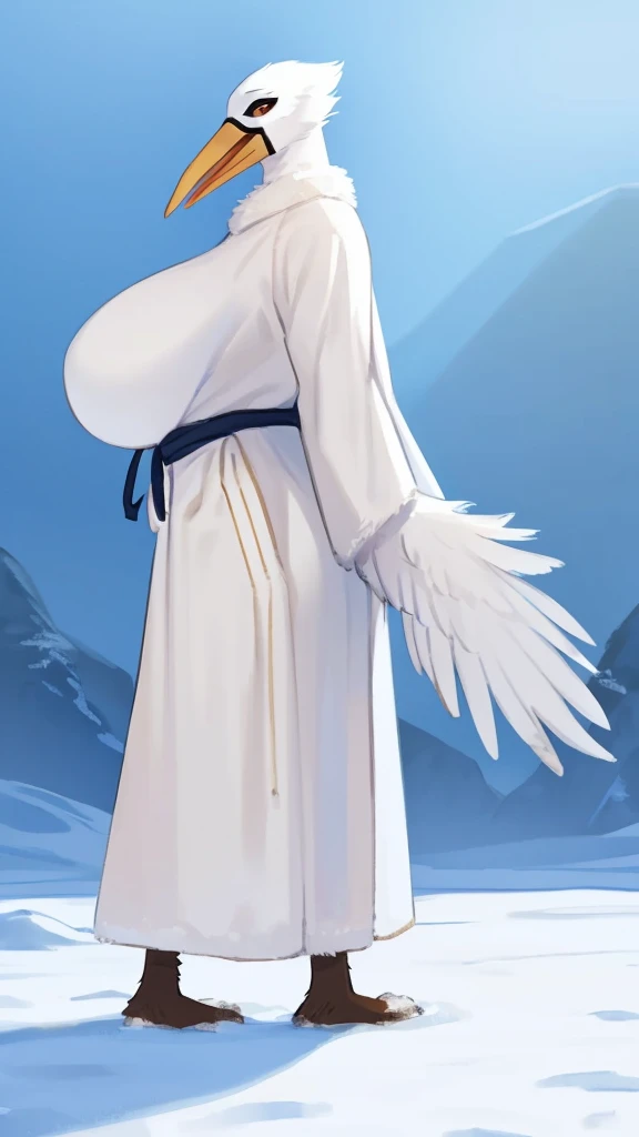 By bebebebebe, by lostgoose, by goonie-san, thin 20 foot tall humanoid creature, ((long white flowing yeti robe, bird stork mask, long white beak, long flowing plumage)), standing on a snowy plateau, on a snow-covered a siberian mountain, arctic, cryptozoology, overcast, moody, horror,big booty, big breast