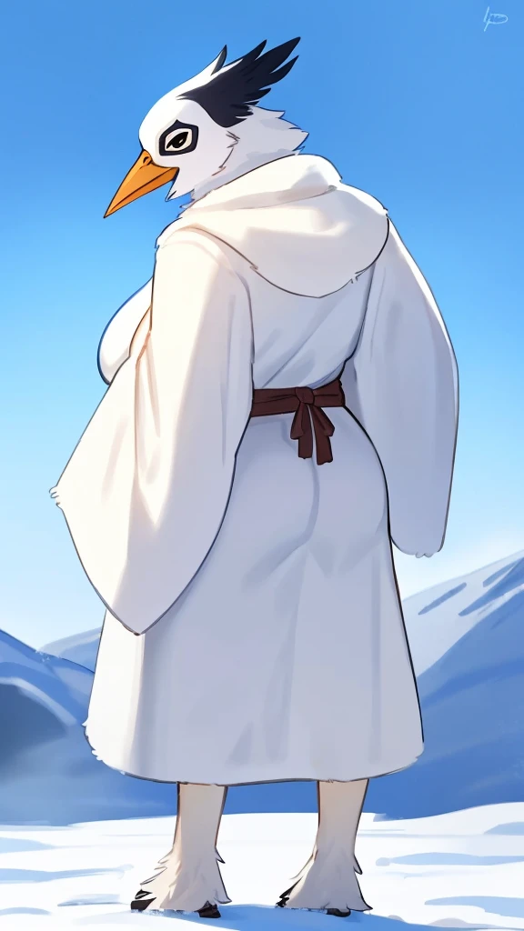 By bebebebebe, by lostgoose, by goonie-san, thin 20 foot tall humanoid creature, ((long white flowing yeti robe, bird stork mask, long white beak, long flowing plumage)), standing on a snowy plateau, on a snow-covered a siberian mountain, arctic, cryptozoology, overcast, moody, horror,big booty, big breast