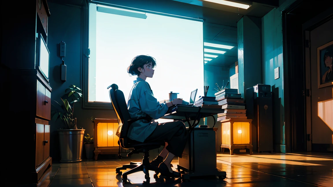 Office at night, Beautiful Asian woman sitting at a desk, City night view from the window, Perfect Face, Looking Away, TaylorMade, Melancholy, Neon Black, (Backlight: 1.1), A scene from a movie, Hard Shadows, masterpiece, Highest quality, Complex, Model shooting style, Vintage, Film Grain, Blue tones, Wide Shot