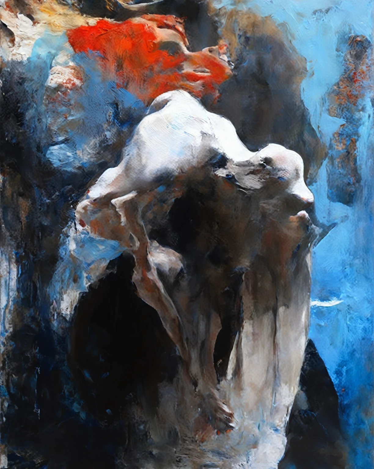 painting of a nude woman, white head and blue background, inspired by Andrea Pozzo, inspired by Federico Barocci, Eric Lacombe, abstract realism, oil on wood, an expressive oil painting, Intricate and intense oil painting, oil and acrylic on canvas,o, inspirado en Asger Jorn, pintura de android jones, por Micha Klein