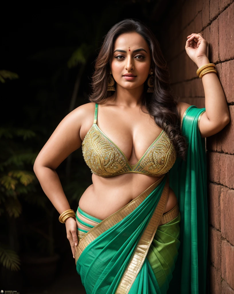 Foto RAW, photorealistic, photography, full body shot, master shot, perfect eyes, goddess like beauty, pierced eyes, perfect thick chubby mallu Desi aunty bhabhi, Wearing a Stanapatta, a chest-band.Saree model, model Photography,((saggy breast)), Indian saree shoot, Indian traditional wear advertising photography, traditional wear brand shoot, face of Indian actress Sonakshi Sinha, masterpiece, realistic, realism, incredible details, pleasure, photorealism, detailed skin, skin pores, high contrast, photorealistic Artstation 8k HD digital art trend of high definition and detailed realistic skin texture, ultra detail, realistic skin texture, armature, best quality, ultra high definition, (photorealistic:1.4),, high resolution, detail, raw photo, sweat, Re sharp, by Lee Jefferies Nikon D850 Film Stock Photo 4 Kodak Portra 400 Camera F1.6 Lens Rich Color Ultra Real Realistic Realistic Textures Dramatic Lighting Unreal Engine Trending at Art Station Cinestill 800,(pele altamente detalhada: 1.2), 8k UHD, DSLR, soft-lighting, alta qualidade, grain of film, Fujifilm XT3,she didn't like to wear blouse or bra, she is happy to wear only saree, she hates blouse or bra, detailed hairy armpits, hyper realistic skin, skin pores, sweat, veins,