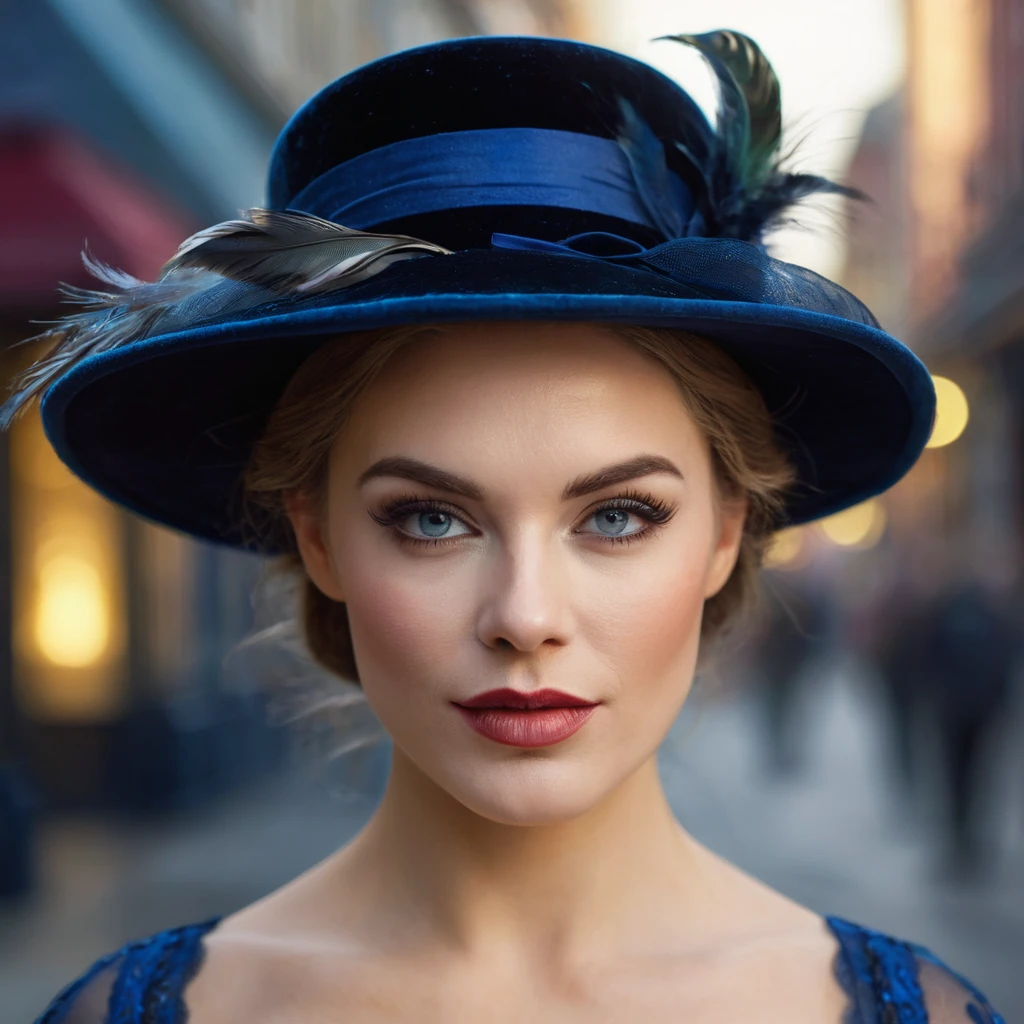 a little feathered hat, a classic velvet vintage dress, cleavage, breasts, beautiful detailed eyes, beautiful detailed lips, extremely detailed face, victorian era, on the street, fog, gorgeous lighting, highly detailed, (best quality,4k,8k,highres,masterpiece:1.2),ultra-detailed,(realistic,photorealistic,photo-realistic:1.37),HDR,studio lighting,ultra-fine painting,sharp focus,physically-based rendering,extreme detail description,professional,vivid colors,bokeh,portrait
