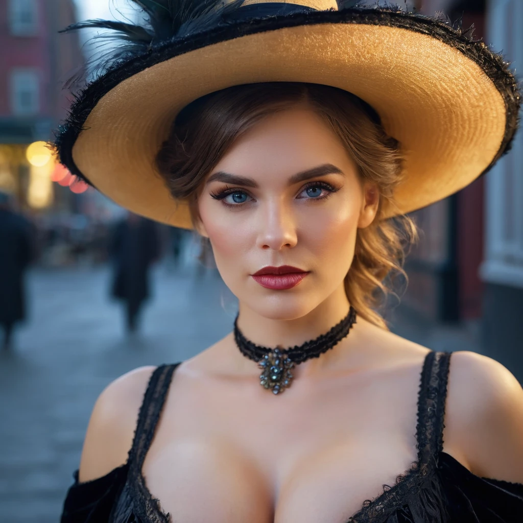 a little feathered hat, a classic velvet vintage dress, cleavage, breasts, beautiful detailed eyes, beautiful detailed lips, extremely detailed face, victorian era, on the street, fog, gorgeous lighting, highly detailed, (best quality,4k,8k,highres,masterpiece:1.2),ultra-detailed,(realistic,photorealistic,photo-realistic:1.37),HDR,studio lighting,ultra-fine painting,sharp focus,physically-based rendering,extreme detail description,professional,vivid colors,bokeh,portrait