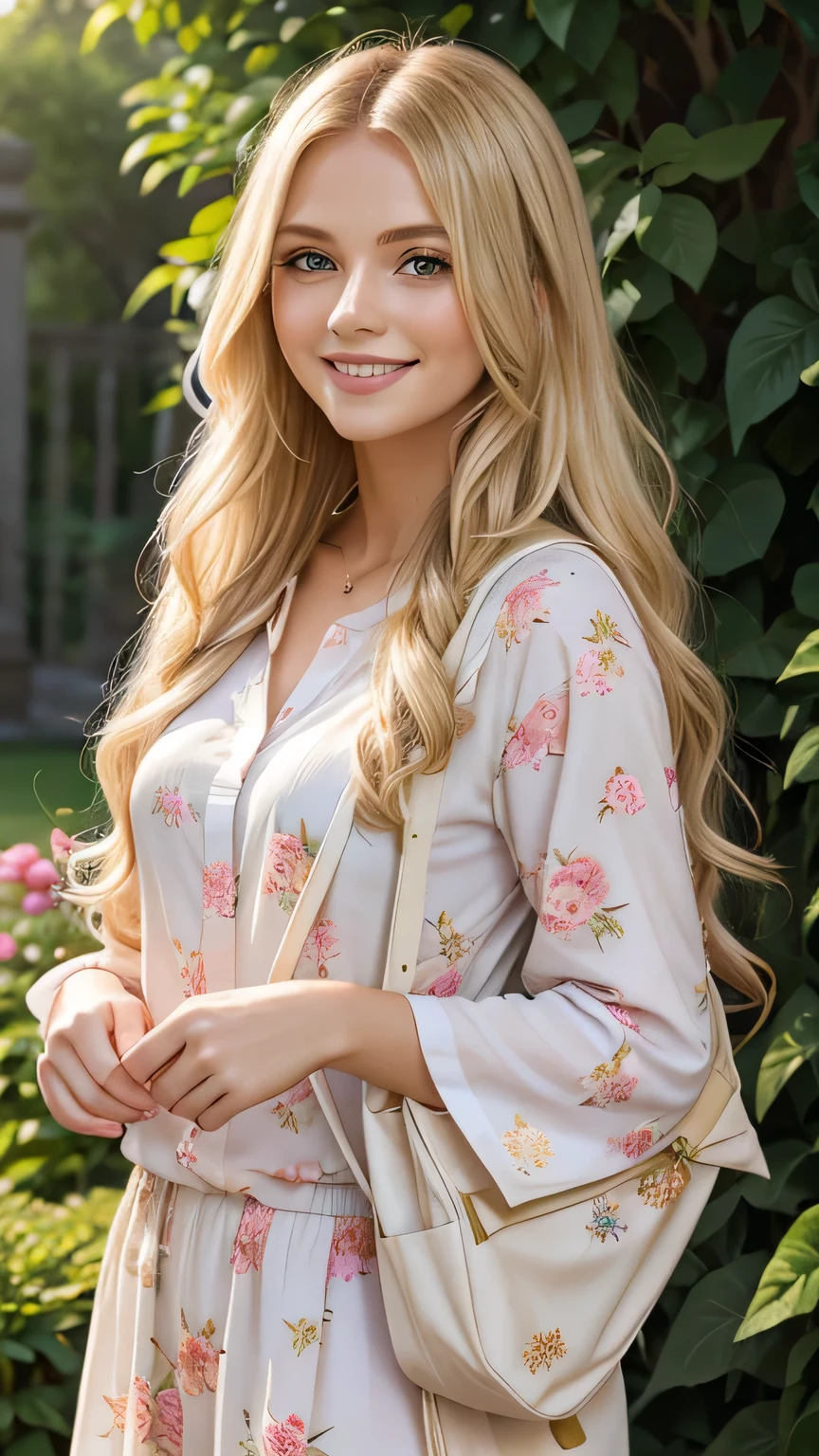 Woman with flowered palazzo, light pastel colors, long wavy blonde hair, bag, in a garden, smiling.