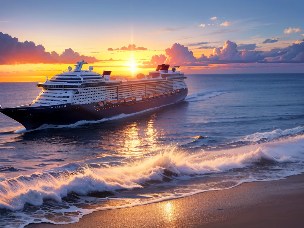 Cruise ship splashing in the ocean，The wide-angle lens allows you to see the entire cruise ship，Sunset at sea