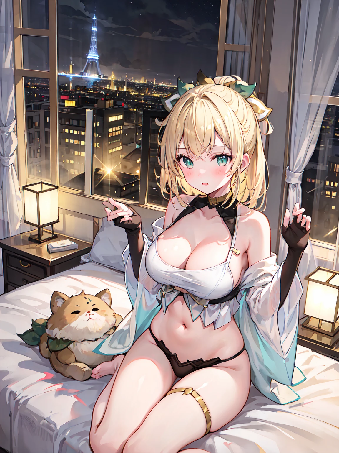 Highest quality、Complete limbs、Full Finger、Beautiful woman、Beautiful big breasts、1girl, kazama iroha, blonde hair, fingerless gloves,、Golden Hair、Lime green lace bra、Yellow green lace panties、barefoot、Laughter、((Tower apartment))、Luxurious Room、((Glass Wall))、Luxurious king-size bed、((You can see the night view from the window))、Dimly lit room、Indirect lighting is on、Sitting on the bed、Blushing、Unpleasant atmosphere、Elegant atmosphere
