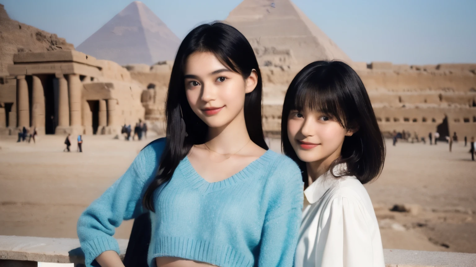 246 (In the mural２people々々々々々々々々々々々々々々), (An 18-year-old female and an 18-year-old male), short hair,kind, lipstick, Egyptian civilization, Waist belt, Hieroglyphics, smile