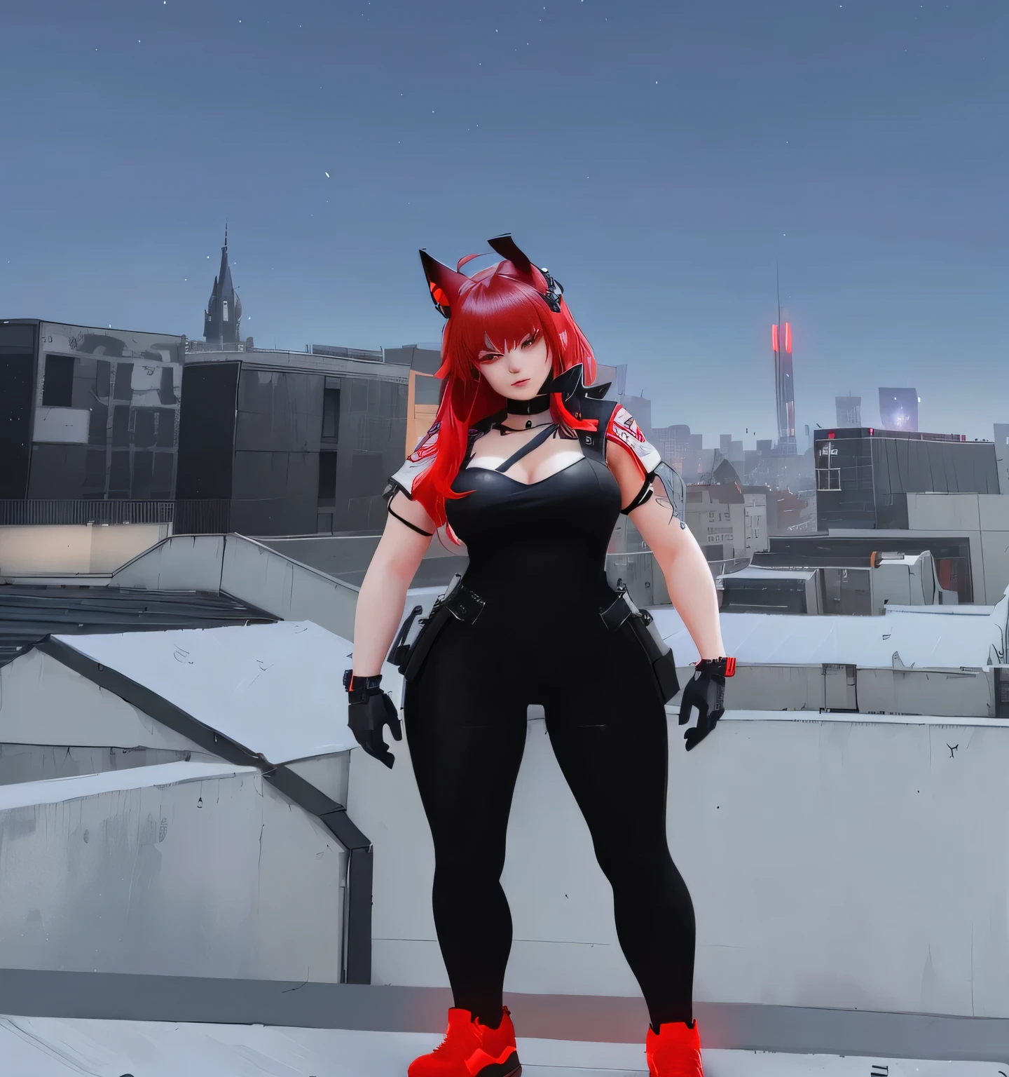 there is a woman in black clothes and red shoes, vrchat, standing in a rooftop, second life avatar, standing on the roof, gothic mall, red and black costume!!!, standing in the city center, sits in a rooftop, full body devil woman, In front of a sci-fi cityscape, in a rooftop, using cybernetic bunny ears