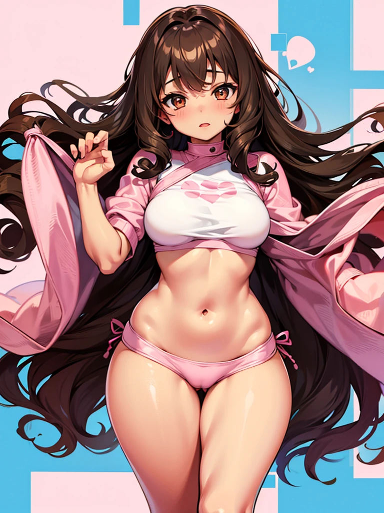 Anime, 1girl, brown skin, thick, cute, long curly brown hair with bangs, brown eyes, cute pink aesthetic