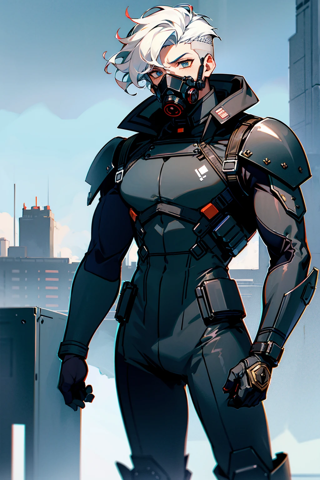 1male , White Hair , Wavy Hair , Undercut Hair , Unique Hair , Calm Expression , Black Bodysuit , Military Armored Combat Clothing , Standing in Modern City Background , Gas Mask 