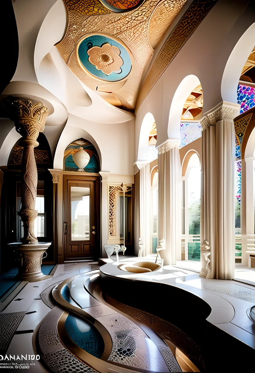 hyper-realistic photo of an architectural interior featuring stunning arabesque patterns. The interior should be richly decorated with intricate geometric and floral designs that cover the walls, ceilings, and floors. Use a combination of vibrant colors and gold accents to highlight the complexity and beauty of the patterns. Include elements such as grand arches, detailed mosaics, and ornate columns to enhance the grandeur of the space. Soft, ambient lighting should be used to illuminate the intricate details and create a warm, inviting atmosphere. The overall scene should be awe-inspiring, capturing the exquisite craftsmanship and beauty of arabesque architecture.