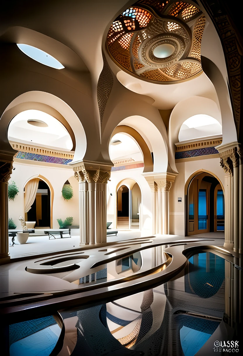 hyper-realistic photo of an architectural interior featuring stunning arabesque patterns. The interior should be richly decorated with intricate geometric and floral designs that cover the walls, ceilings, and floors. Use a combination of vibrant colors and gold accents to highlight the complexity and beauty of the patterns. Include elements such as grand arches, detailed mosaics, and ornate columns to enhance the grandeur of the space. Soft, ambient lighting should be used to illuminate the intricate details and create a warm, inviting atmosphere. The overall scene should be awe-inspiring, capturing the exquisite craftsmanship and beauty of arabesque architecture.