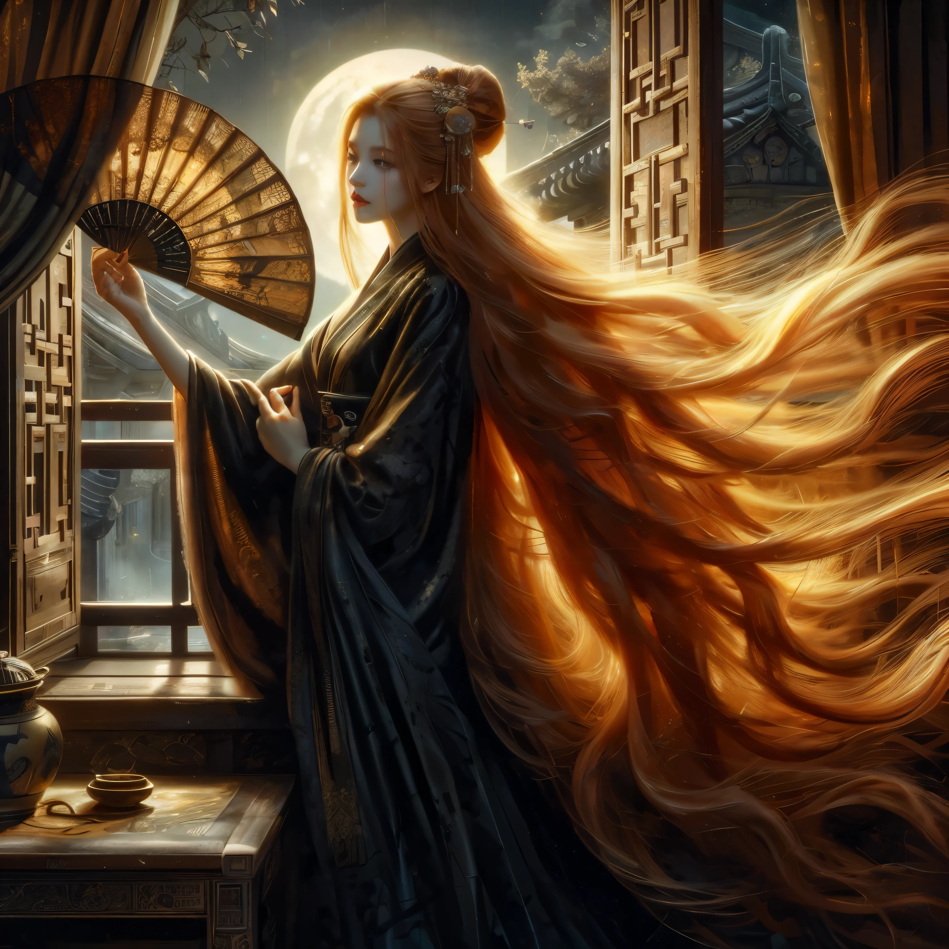 An ultra beautiful Asian woman long red-golden blonde hair, holding a very ultra ornate long black ancient liquored Asian fighting fan, wearing a long black Chinese women's dressing gown, in a darkened room of moonlight streak in through the opened balcony window, Chinese garden, night sky, black ink, in the style of Caravaggio, Fan Zhongzheng, and Da Vinci, 8k resolution, hyperdetailed, photorealistic, an oil painting art style, Sfumato,