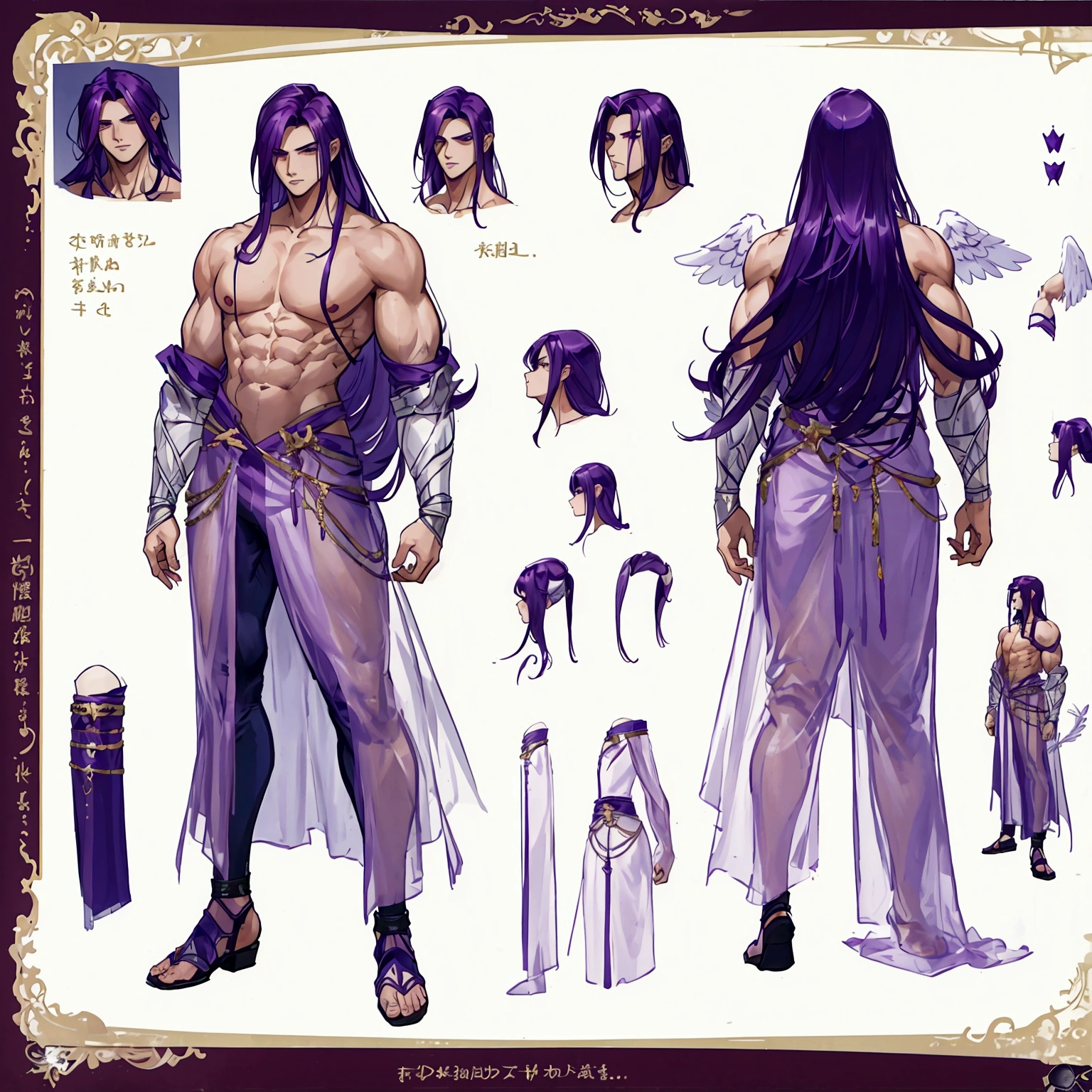 (Masterpiece, best quality), detailed, 1 man, ((character concept art)), ((character design sheet, same character, front, side, back)), full body, body complete, 1 Male, 1 Man, Detailed face, character design sheet,full bodyesbian, Highly detailed, character sheet, character design, Many parts, dark skin, angel wings, long purple hair, angel outfit, muscle male god, male clothes, masculine, muscle man, male muscle, manly, male angel, Muscle male with purple long hair,beautiful man
