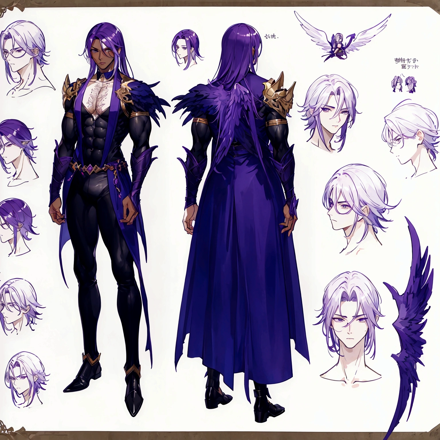 (Masterpiece, best quality), detailed, 1 man, ((character concept art)), ((character design sheet, same character, front, side, back)), full body, body complete, 1 Male, 1 Man, Detailed face, character design sheet，full bodyesbian, Highly detailed, character sheet, character design, Many parts, dark skin, angel wings, long purple hair, angel outfit, muscle male god, male clothes, masculine, muscle man, male muscle, manly, male angel, Muscle male with purple long hair，beautiful man