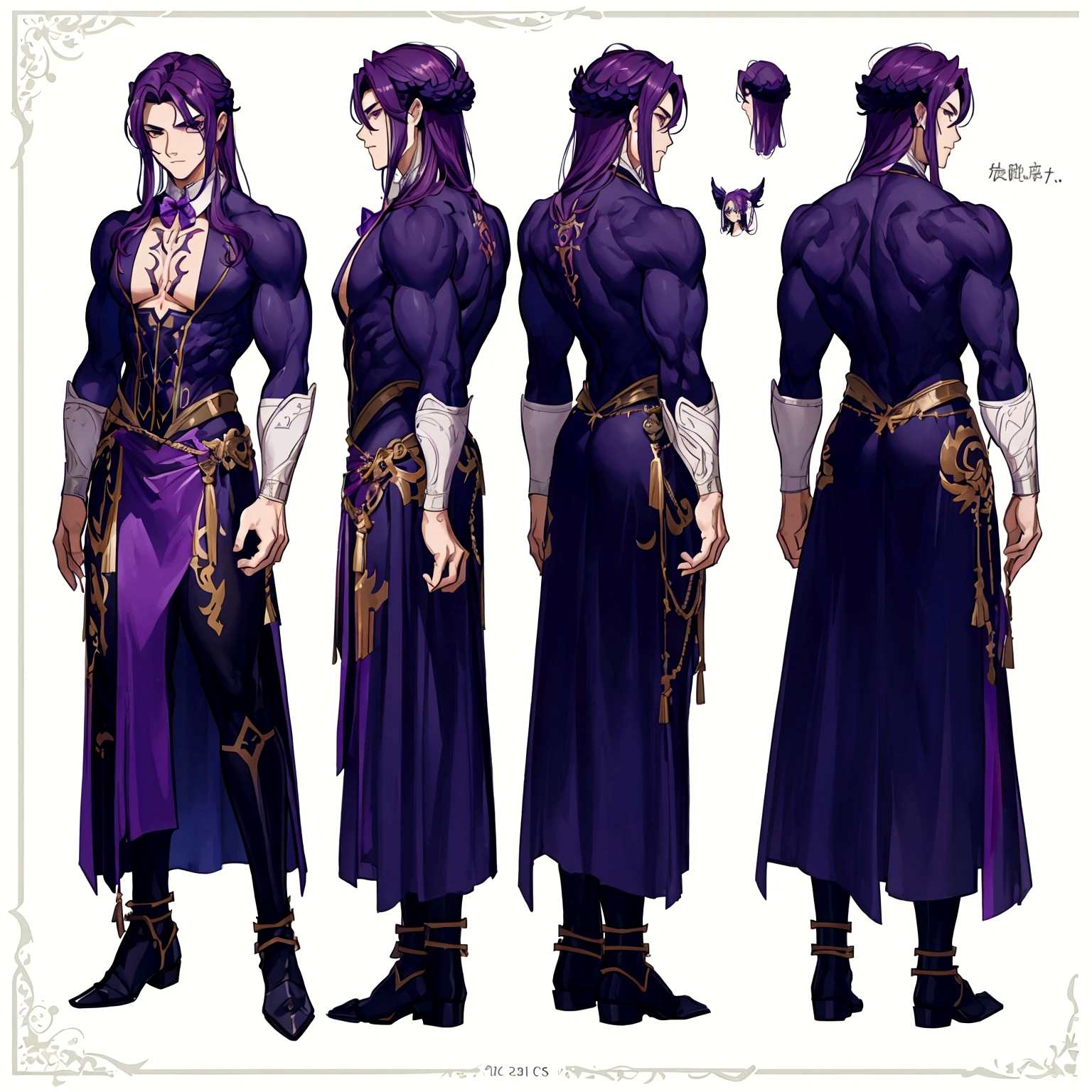 (Masterpiece, best quality), detailed, 1 man, ((character concept art)), ((character design sheet, same character, front, side, back)), full body, body complete, 1 Male, 1 Man, Detailed face, character design sheet，full bodyesbian, Highly detailed, character sheet, character design, Many parts, dark skin, angel wings, long purple hair, angel outfit, muscle male god, male clothes, masculine, muscle man, male muscle, manly, male angel, Muscle male with purple long hair，beautiful man